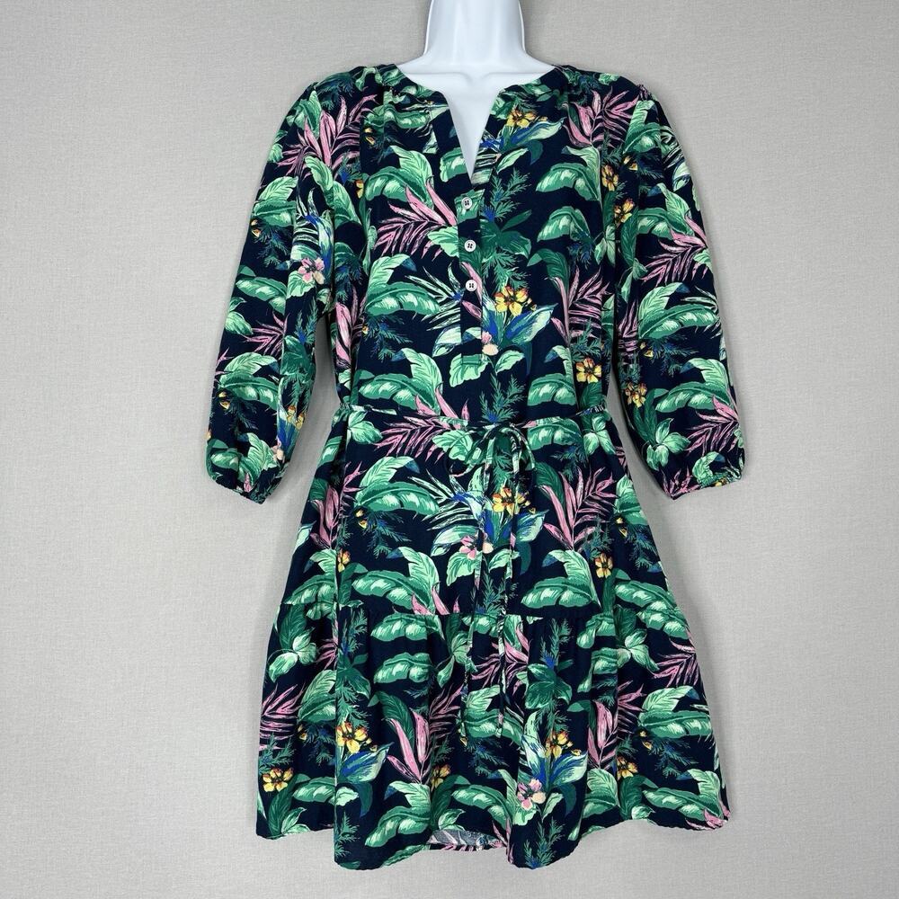 Loft Womens Shirt Dress Small Blue Linen Blend Tropical Leaf Resort Beachy Boho